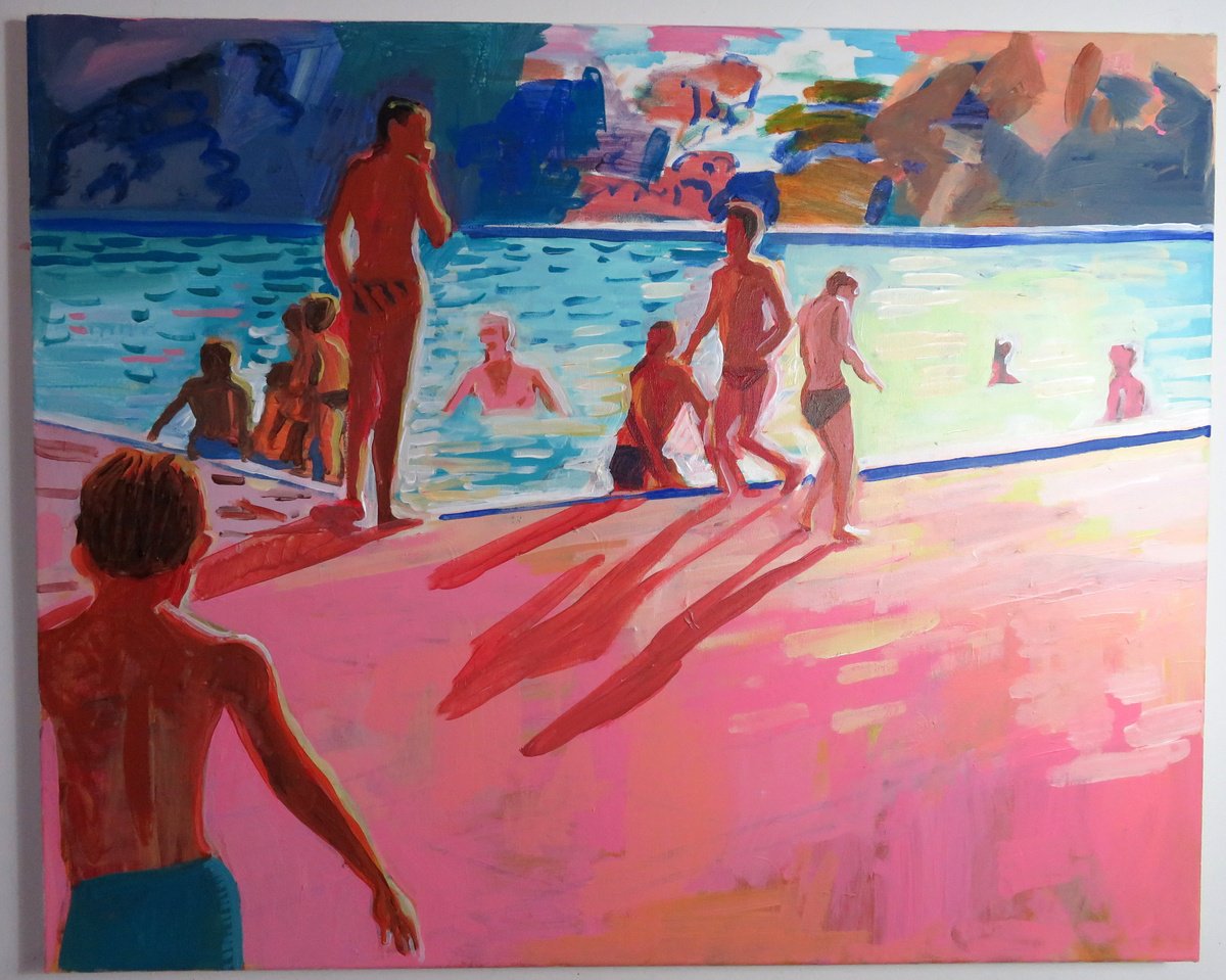 Impressionistic Landscape Acrylic Painting By Stephen Abela, 30 X 24", Lake Scene - In Pink, Original Artwork