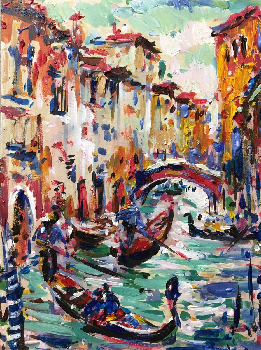 Impressionistic Landscape Acrylic Painting By Altin Furxhi, 8 X 10, Venice Bridge, Original Artwork