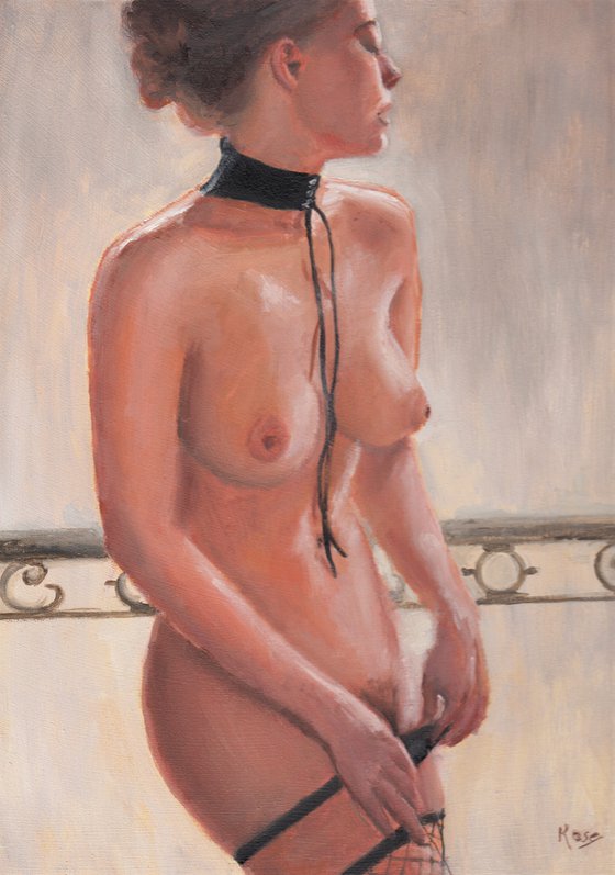 Balcony. Original erotic oil figure painting.