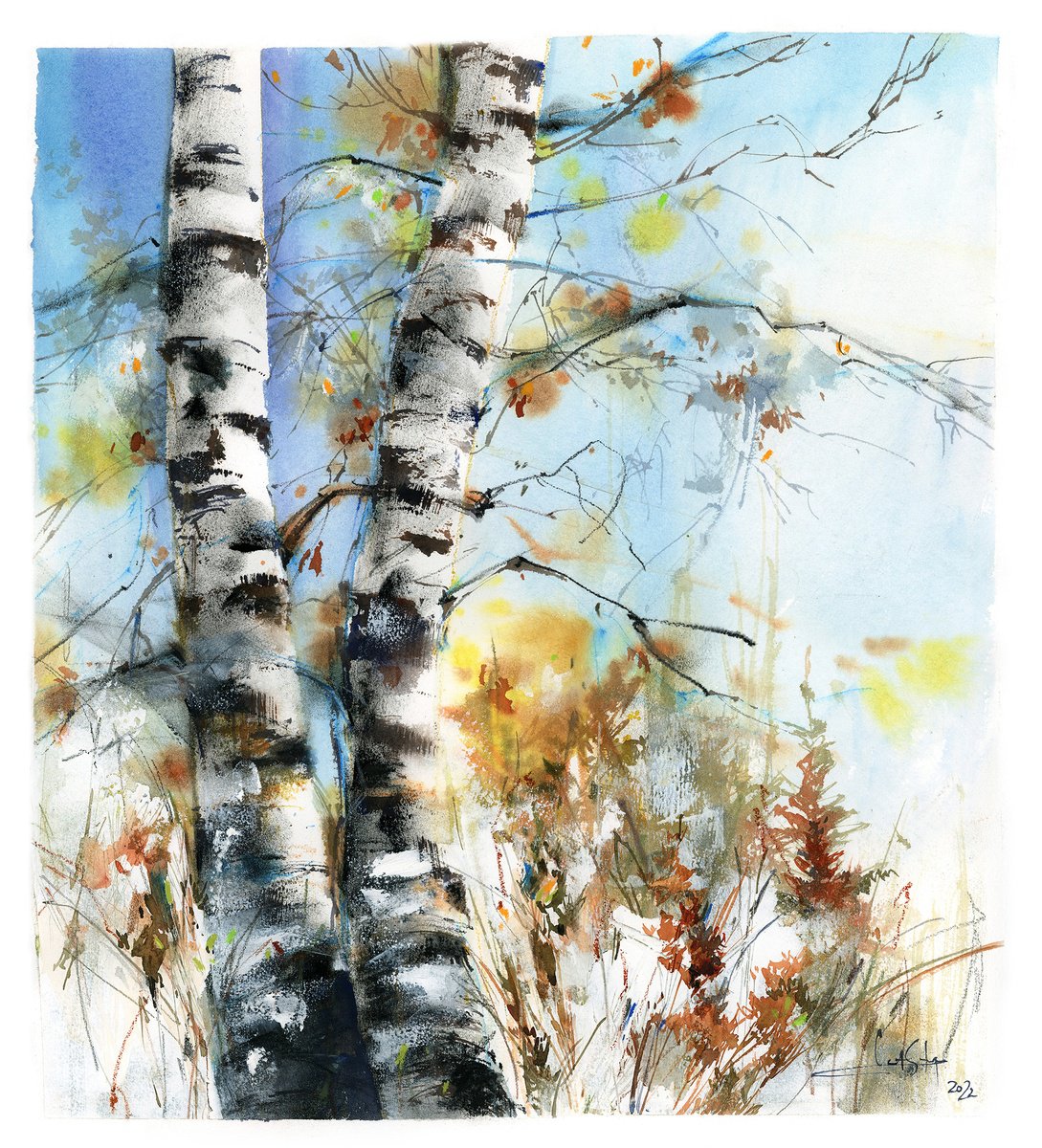Birch Forest Landscape Nature Watercolor Painting, Trees Painting by Sophie Rodionov