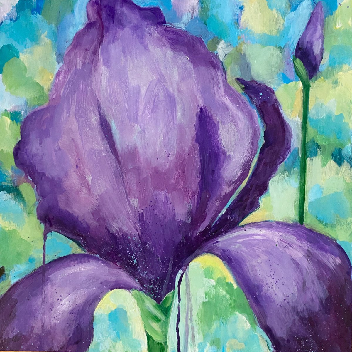 Impressionistic Botanical Acrylic Painting By Kate Marion Lapierre, 20 X 20", Iris Beauty, Original Artwork