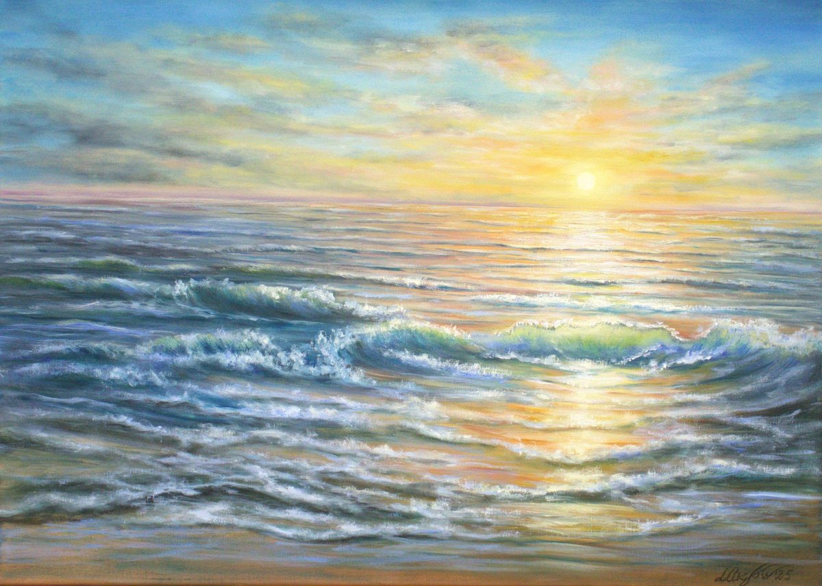 Expressive Oil Painting , Sunset At The Ocean By Ludmilla Ukrow, 28 X 20, Artwork For Sale On Artfinder