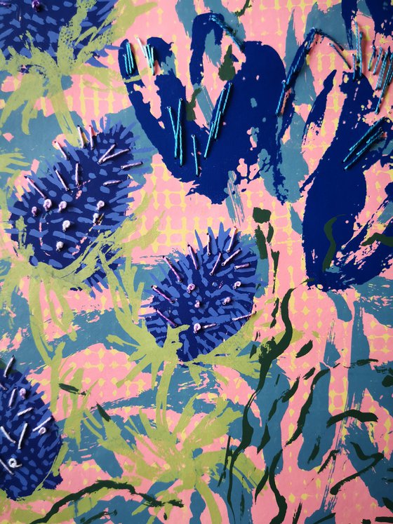 Blue Thistle and Tulips