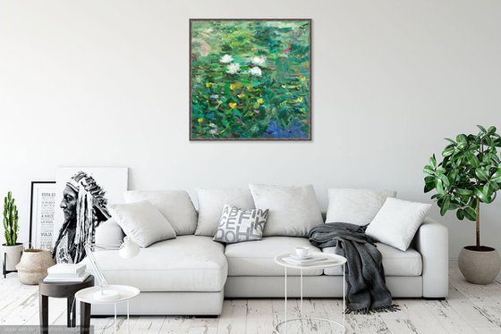 WATER LILY  - original oil landscape painting, summer, waterlily pond, green coloured