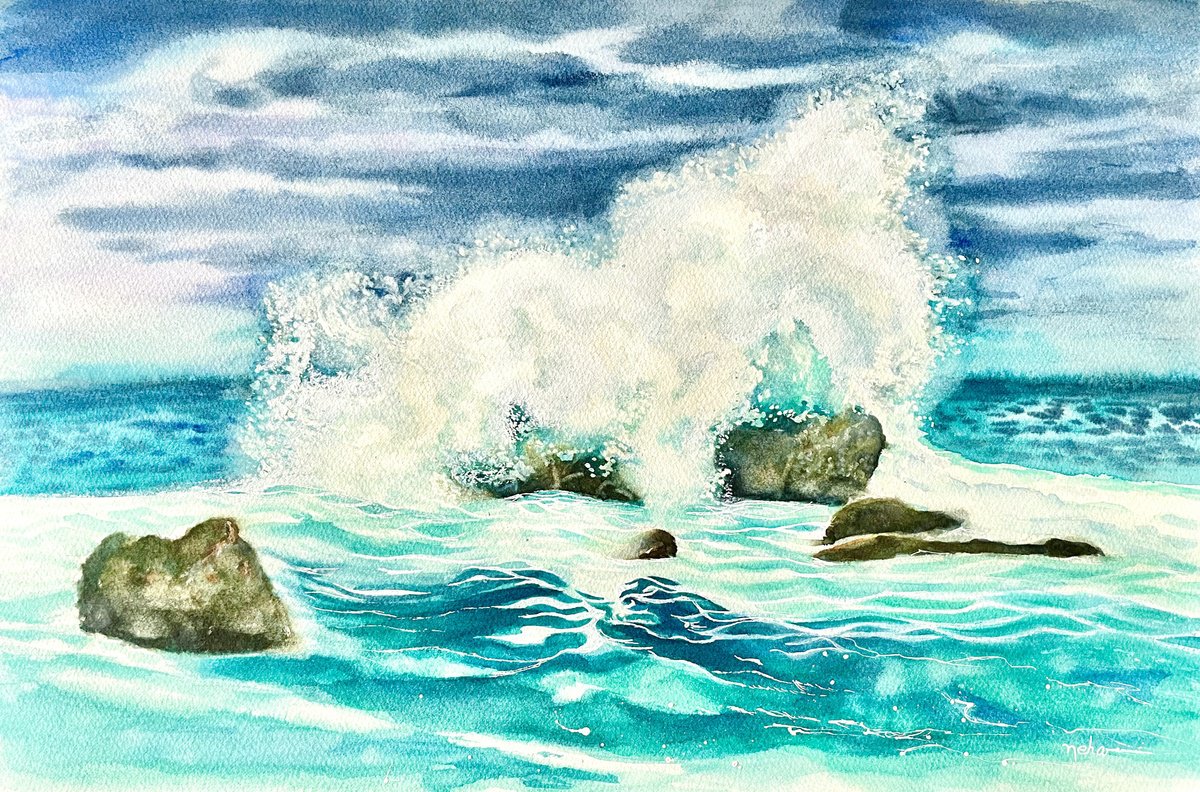 Impressionistic Landscape Watercolour By Neha Soni, 18 X 12", Sea And Waves, Original Artwork