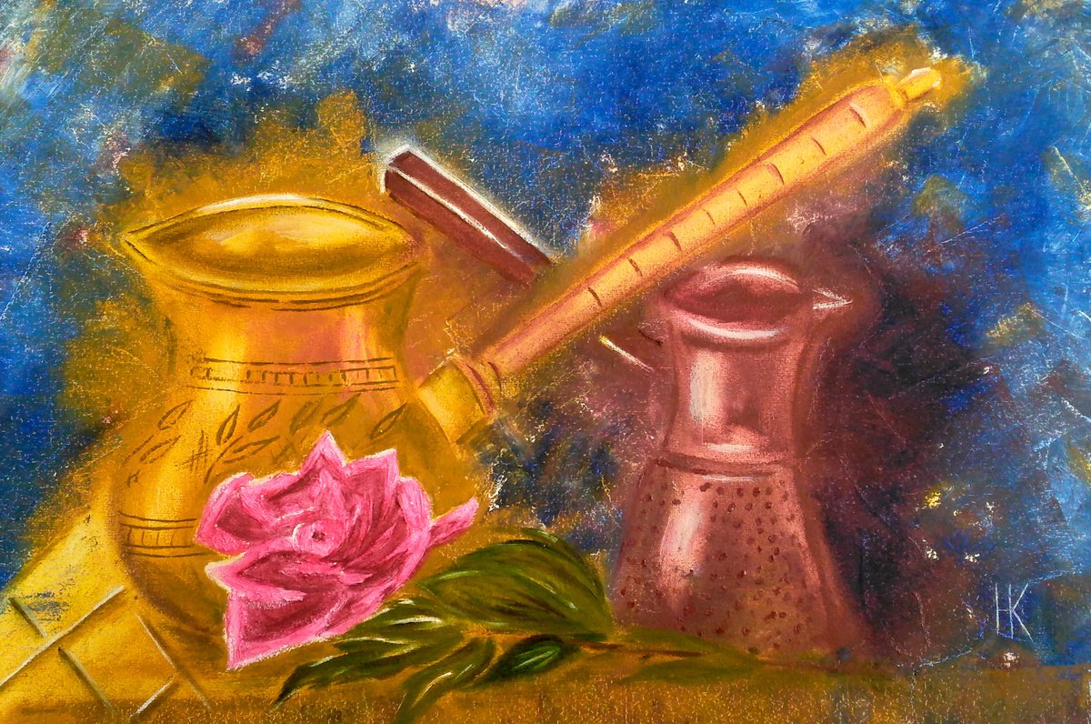 Cezve and rose original oil painting still life impressionistic artwork Rose by coffee ti... by Halyna Kirichenko