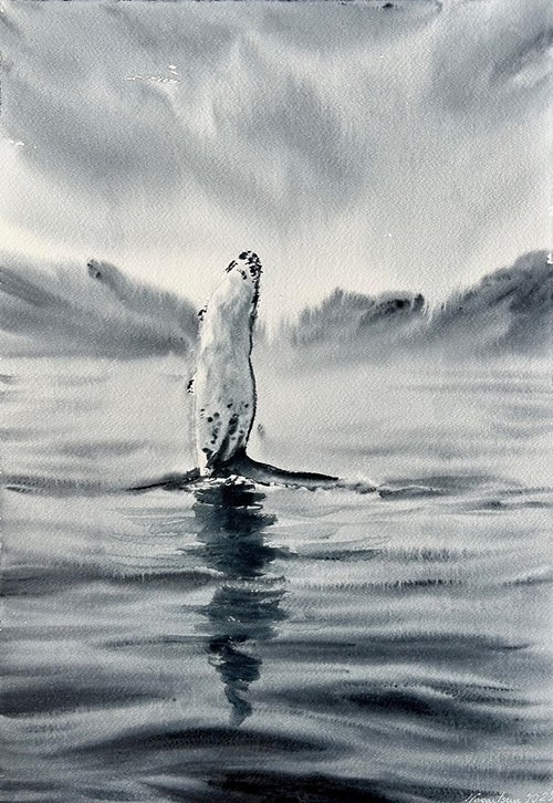 Original watercolour painting Whale at Iceland by Inna Nagaytseva