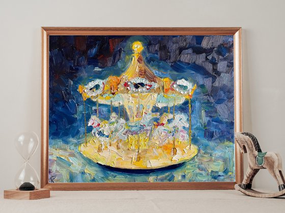Original Oil Painting on Canvas, Carousel Picture, Circus Artwork, Blue Wall Art, Kids Room Decor