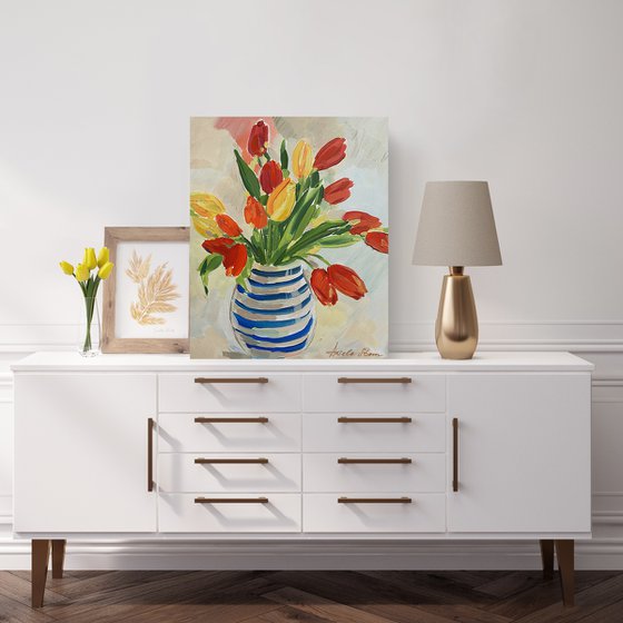 Striped Vase with Tulips