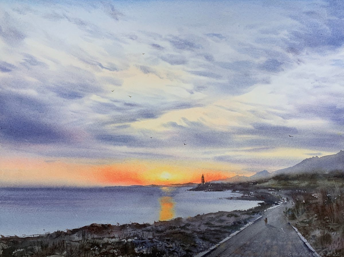 Impressionistic Landscape Watercolour By Eugenia Gorbacheva, 16 X 12, Sunset On The Sea, Lighthouse, Original Artwork