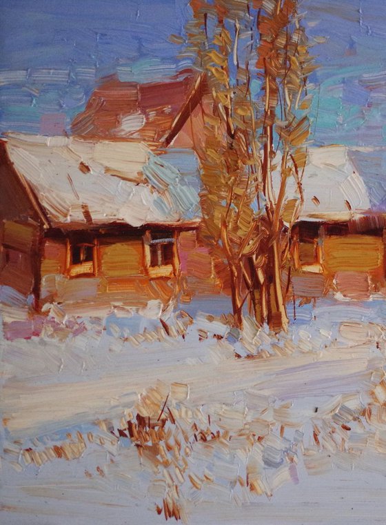 Landscape Oil painting, Village, Winter,  One of a kind, Signed with Certificate of Authenticity