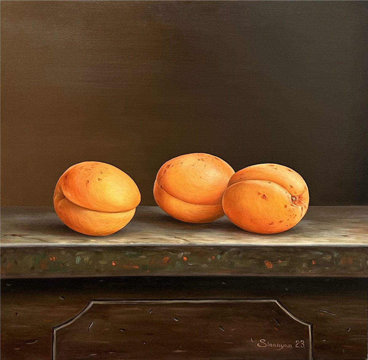 Photorealistic Still Life Oil Painting By Gevorg Sinanian, 16 X 16, Still Life - Apricots, Original Artwork