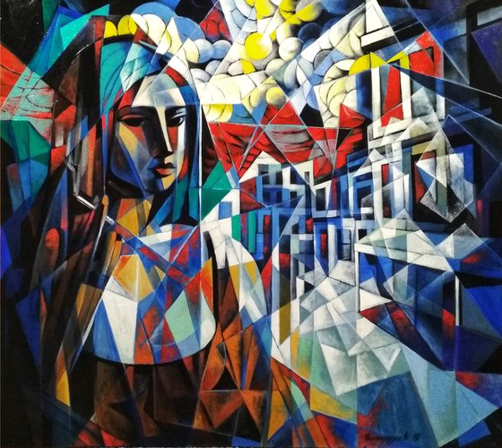 Waiting (90x80cm, cubism, oil painting, ready to hang)