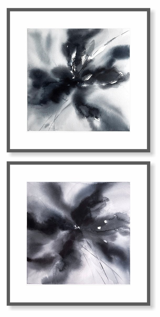 Black abstract flowers diptych by Olga Grigo