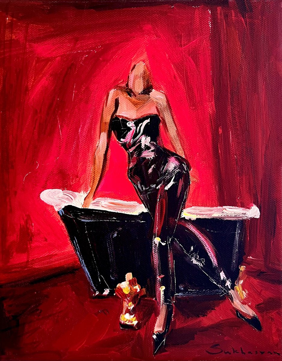 Impressionistic Portrait Acrylic Painting By Victoria Sukhasyan, 8 X 10", The Red Mood, Original Artwork