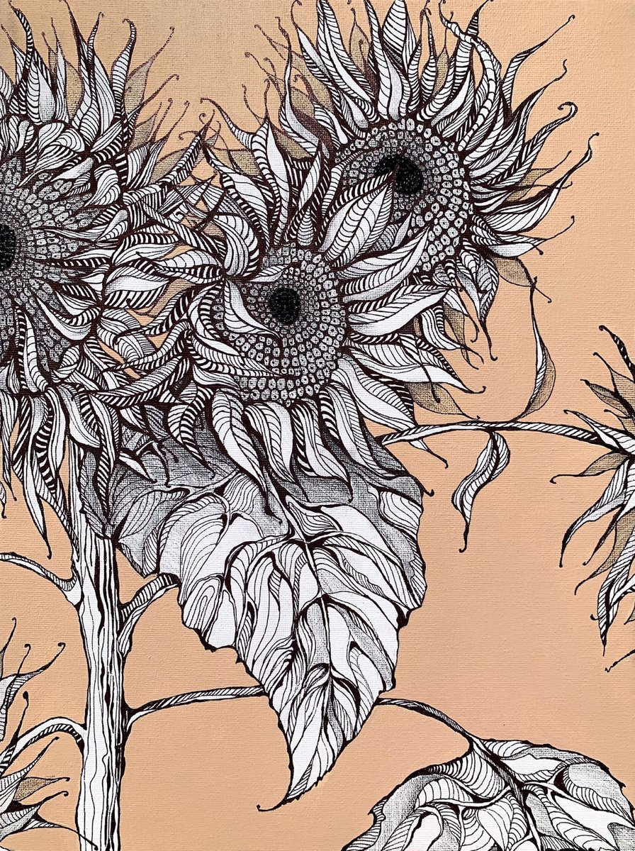 Graphic Botanical Ink Drawing By Maria Tuzhilkina, 12 X 16", Sunflowers On Beige, Original Artwork