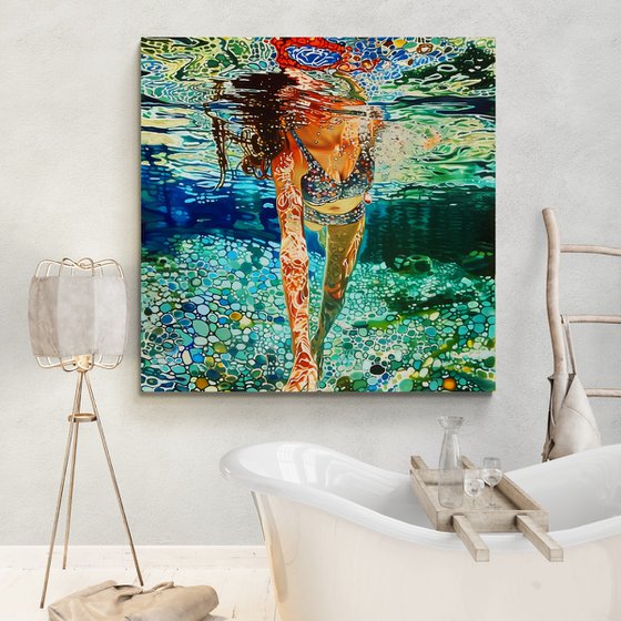 Woman under water in the swimming pool, sea, ocean with blue green turquoise color waves with bright sun glares. Impressionistic artwork. Original painting wall art home decor. Art Gift