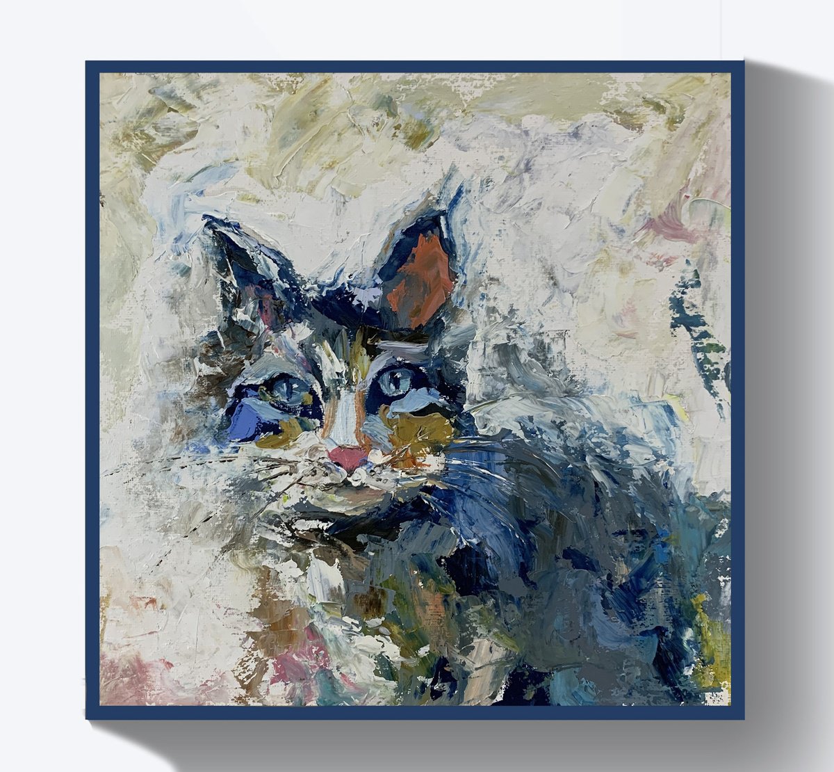 Impressionistic Animal Oil Painting By Vita Schagen, 10 X 10", Blue Black Cat Portrait., Original Artwork