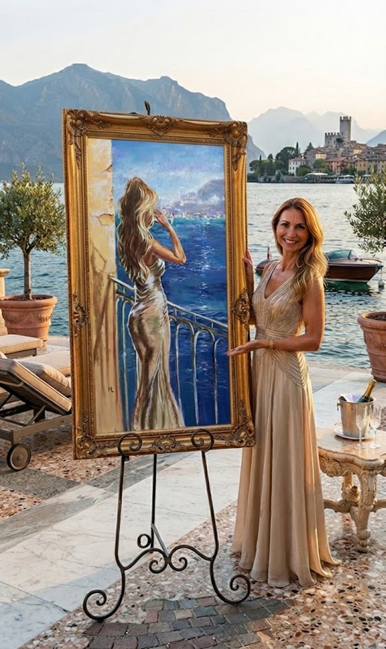 " GARDA VIEW WITH GIRL DRINKING CHAMPAGNE "