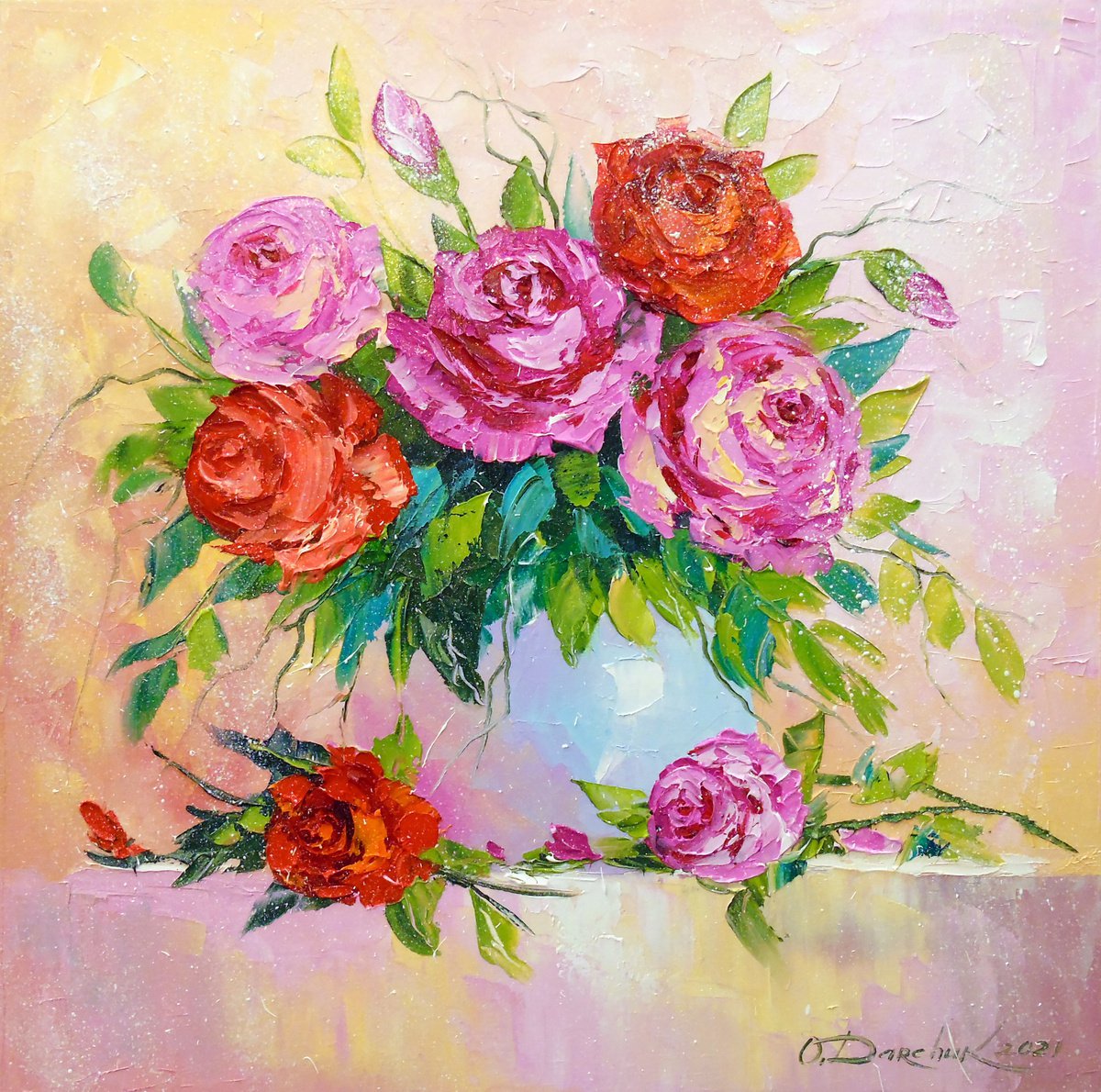 Impressionistic Botanical Oil Painting By Olha Darchuk, 20 X 20", Bouquet Of Roses In A Vase, Original Artwork