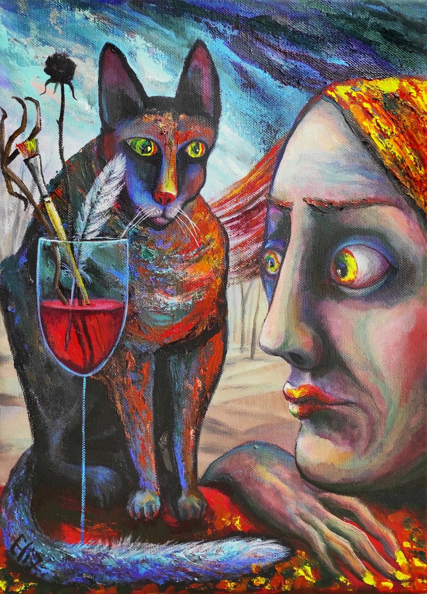 Expressive Portrait Acrylic Painting By Elisheva Nesis, 12 X 16, Autumn Magic, Original Artwork