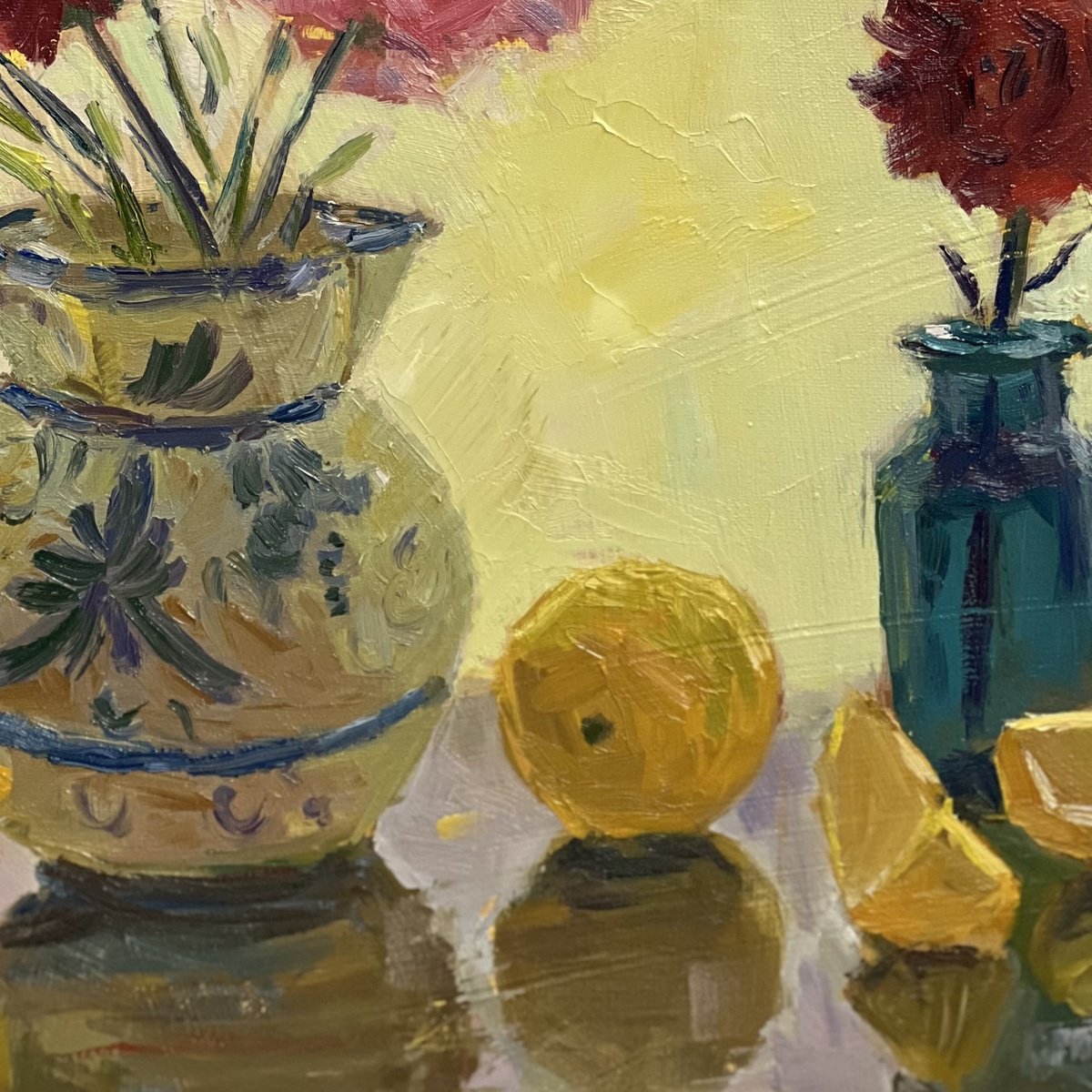 Impressionistic Still Life Oil Painting By Nithya Swaminathan, 13 X 13", Backlit Flowers And Lemons, Original Artwork
