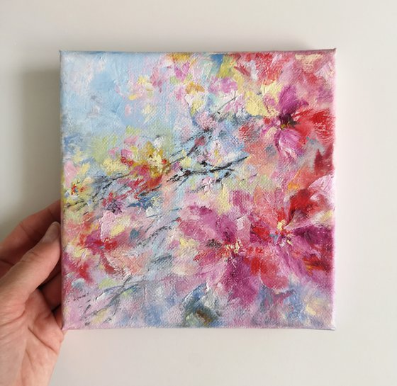 Abstract colorful flowers small oil painting