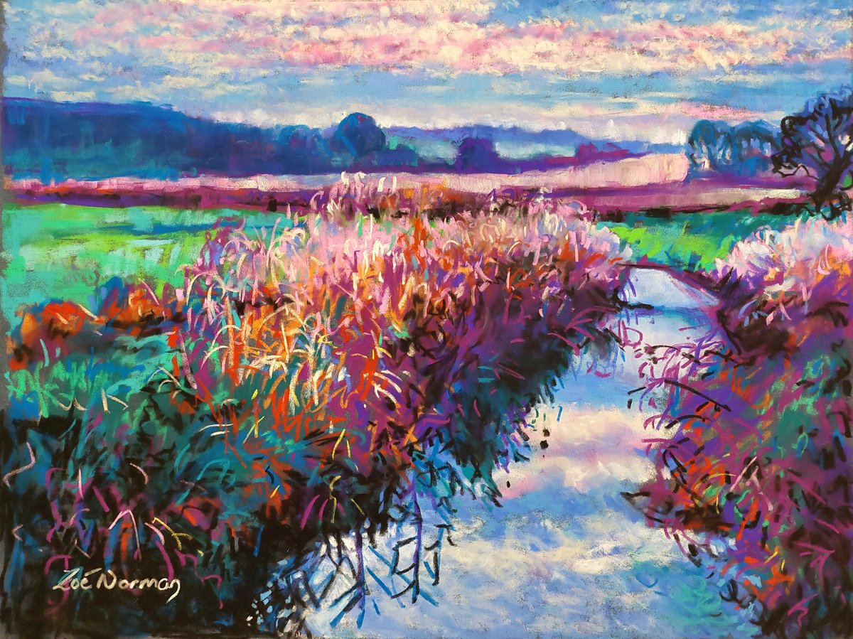 Impressionistic Landscape Pastel Drawing By Zoe Elizabeth Norman, 16 X 12", Colours Of The Fens, Original Artwork