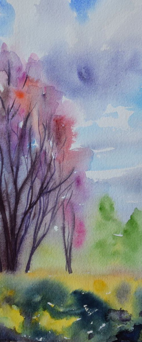 Spring blooming trees original watercolor painting by Kate Grishakova