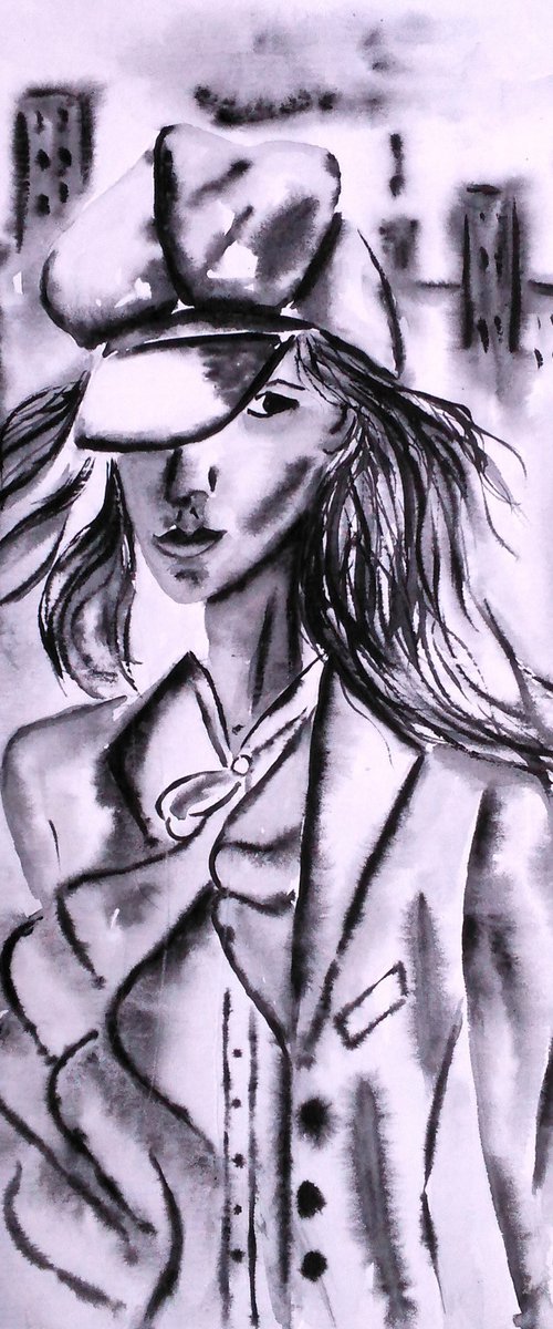 New Yorker Painting Portrait Original Art Girl Portrait Watercolor Woman Artwork City Life Small Home Wall Art 8 by 11" by Halyna Kirichenko by Halyna Kirichenko
