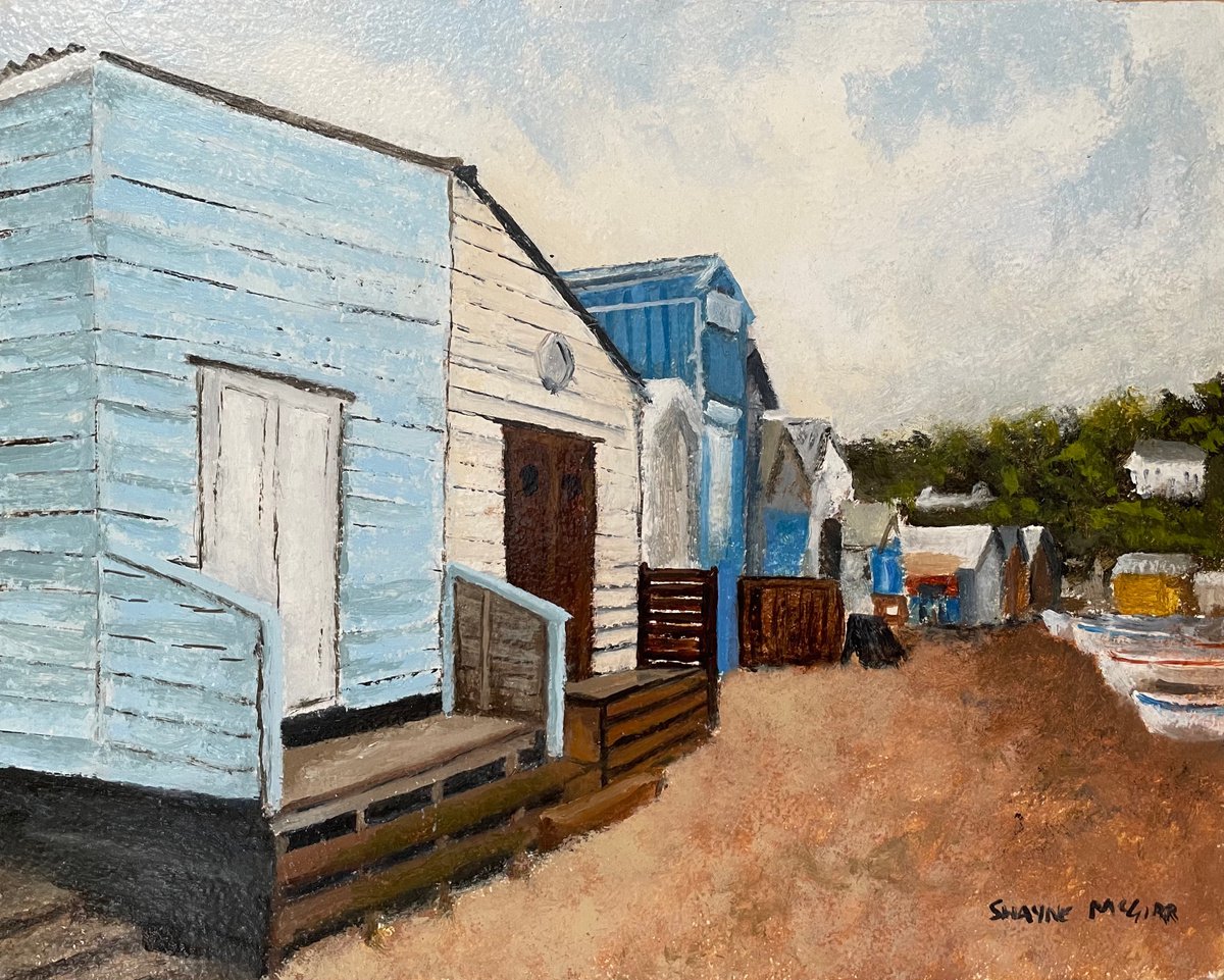 Impressionistic Landscape Oil Painting By Shayne Mcgirr, 13 X 11", Beach Huts, Teignmouth, Original Artwork