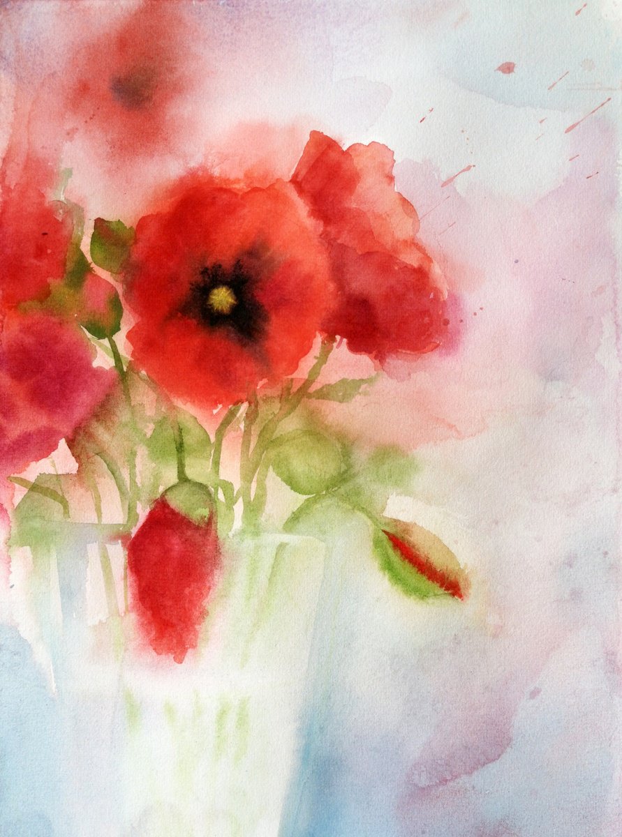 Bouquet of red poppies - Red Poppy by Olga Beliaeva Watercolour