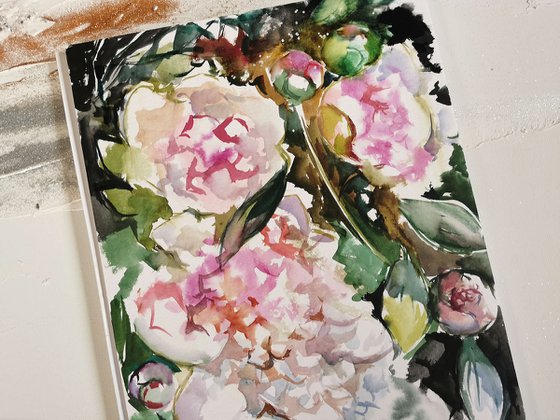 Peonies painting, Watercolor painting