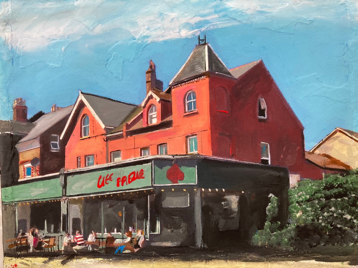 Photorealistic Cityscapes Acrylic Painting By Andrew Reid Wildman, 12 X 10, Cafe In Wimbledon, London, Original Artwork