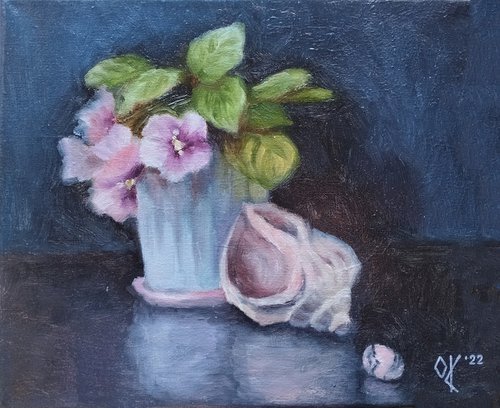 Pink Flowers Seashell and Rhodonite by Olena Kucher