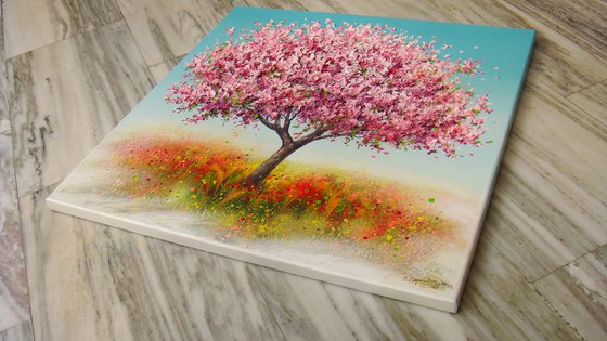 ”Spring Blooming Tree” 35.4" Large Mixed Media Painting