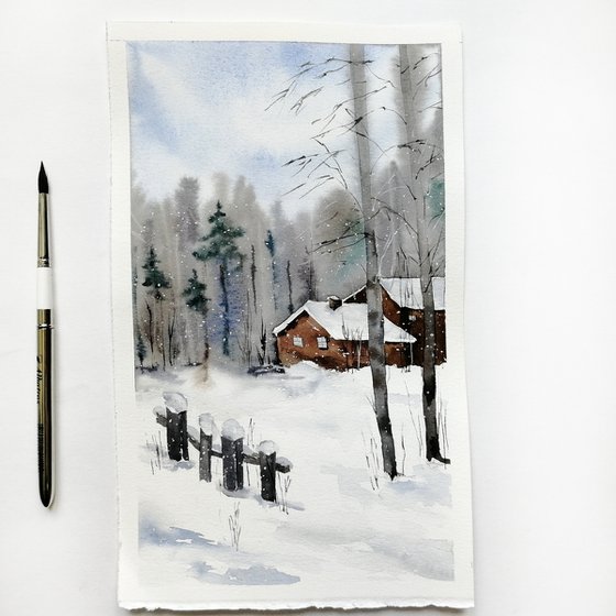 Winter farmhouse painting.