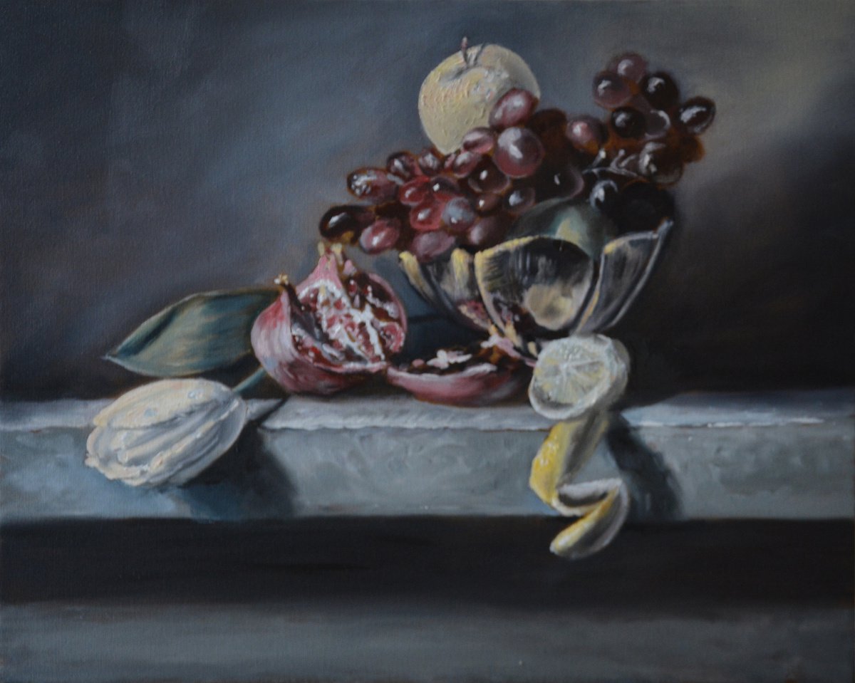 Flemish stillife with grapes, pommegranate, tulip and lemon flemish Still Life Dutch Art W... by Anna Brazhnikova