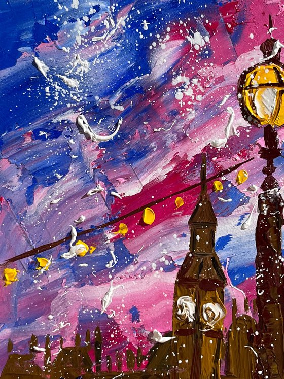 London Painting Cityscape Original Art Street Lights Impasto Oil Big Ben Artwork Small Home Wall Art 6 by 8" by Halyna Kirichenko