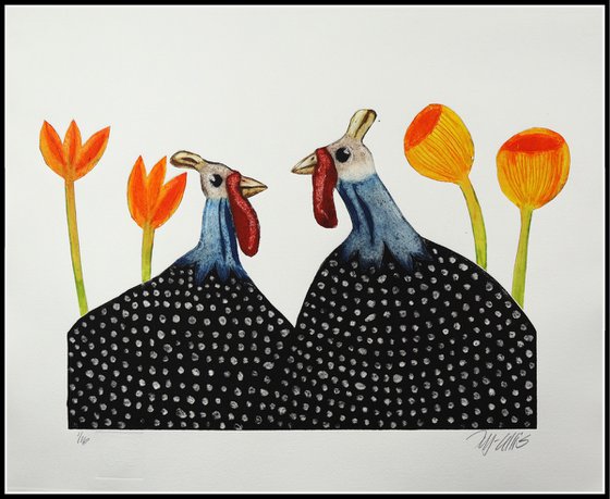 Guinea hens and flowers