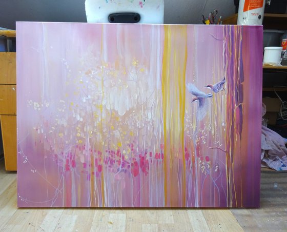 A Piece of Magic - a pink abstract painting with birds and wildflowers