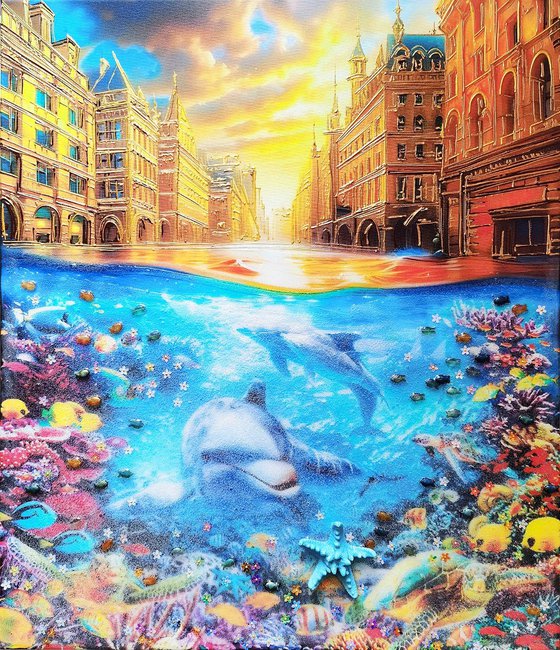 Flooding in city. Global warming. Dolphins under water, sea bottom seascape marine. Fantasy art.