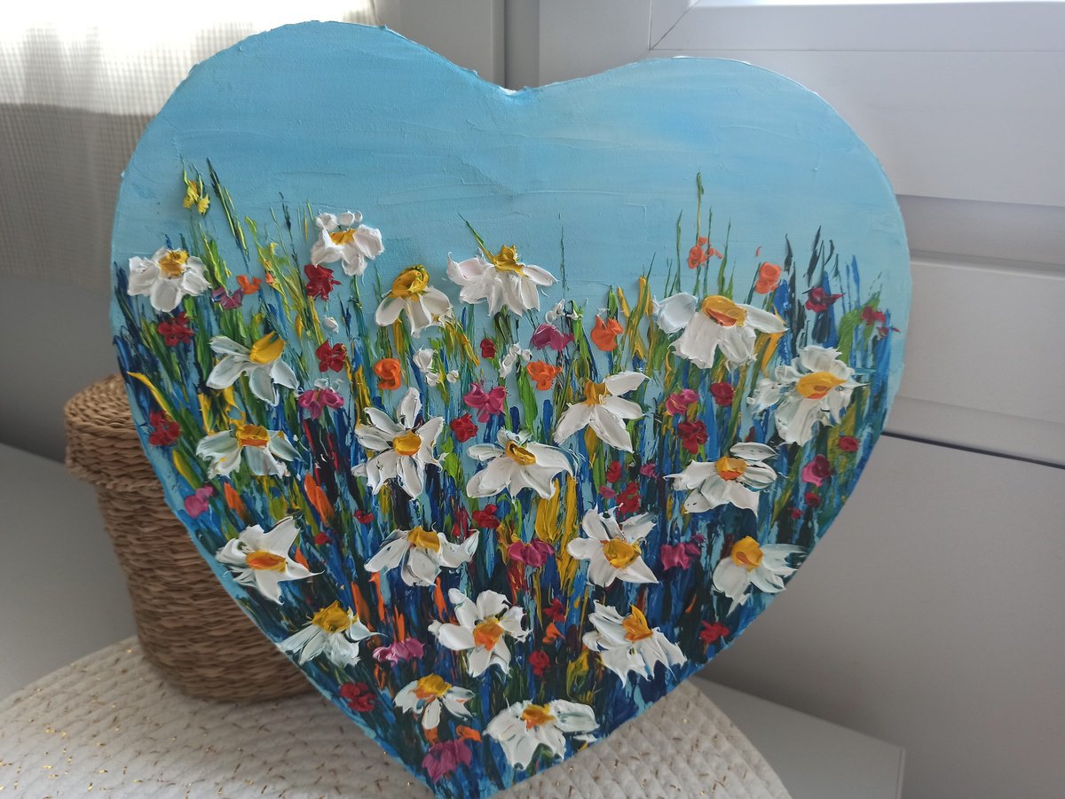 Impressionistic Botanical Oil Painting By Oksana Fedorova, 11 X 11", Impasto Daisies At The Meadow, Original Artwork