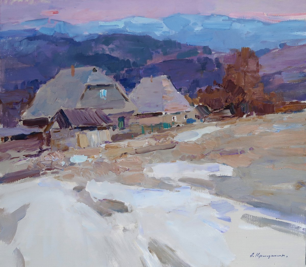 Impressionistic Landscape Oil Painting By Aleksandr Kryushyn, 24 X 22, March In The Carpathians, Original Artwork