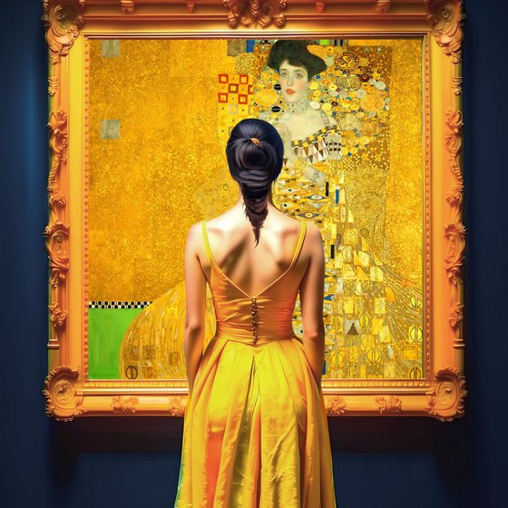 Woman in museum with Klimt Adele Bloch-Bauer - faceless portrait woman art, Gift