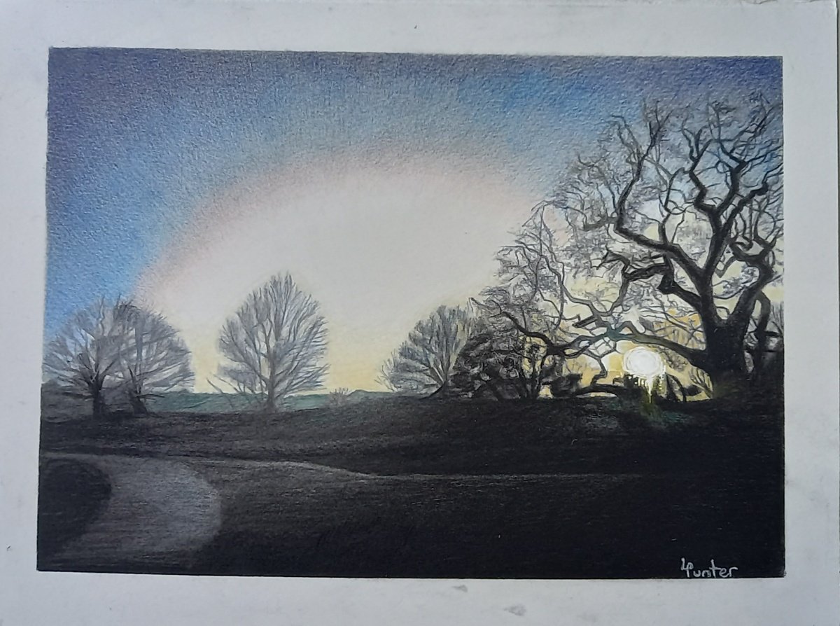 Landscape Pencil Drawing By Lisa Punter, 15 X 11", Dusk, Original Artwork