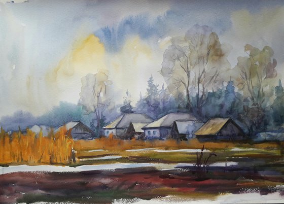 Watercolor painting Last snow