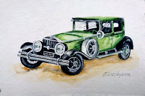 Green car. Watercolor miniature. Part from "Retro cars" series. Framed