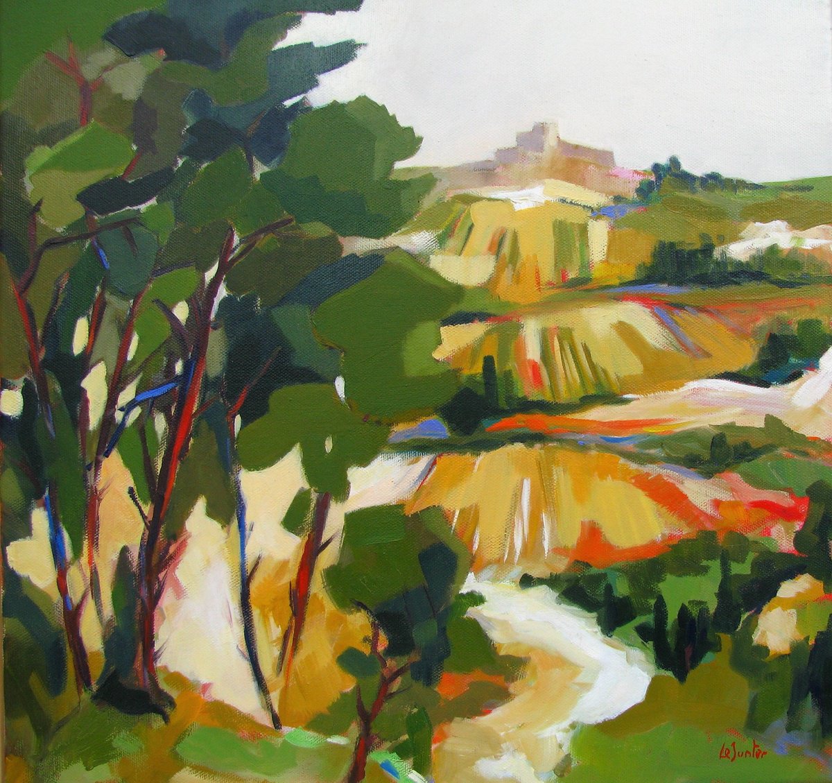 Impressionistic Landscape Oil Painting By Jean-Noel Le Junter, 16 X 16, Vineyards In France, Original Artwork