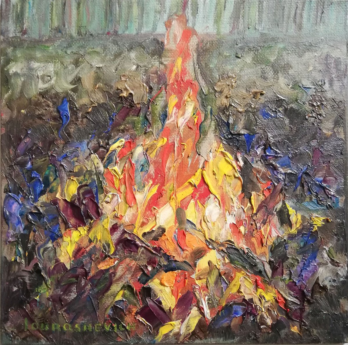 Impressionistic Landscape Oil Painting By Katia Ricci, 8 X 8", Burning Fire, Original Artwork